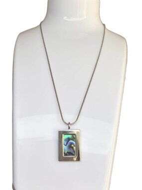 Modernist Abalone Shell Pendant Necklace Rectangle Silver Tone Snake Chain